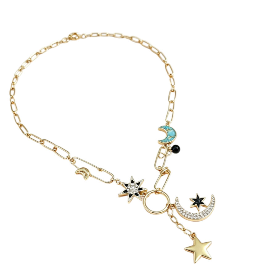 Gold Paperclip Chain Necklace With Multi Moon & Star Charms