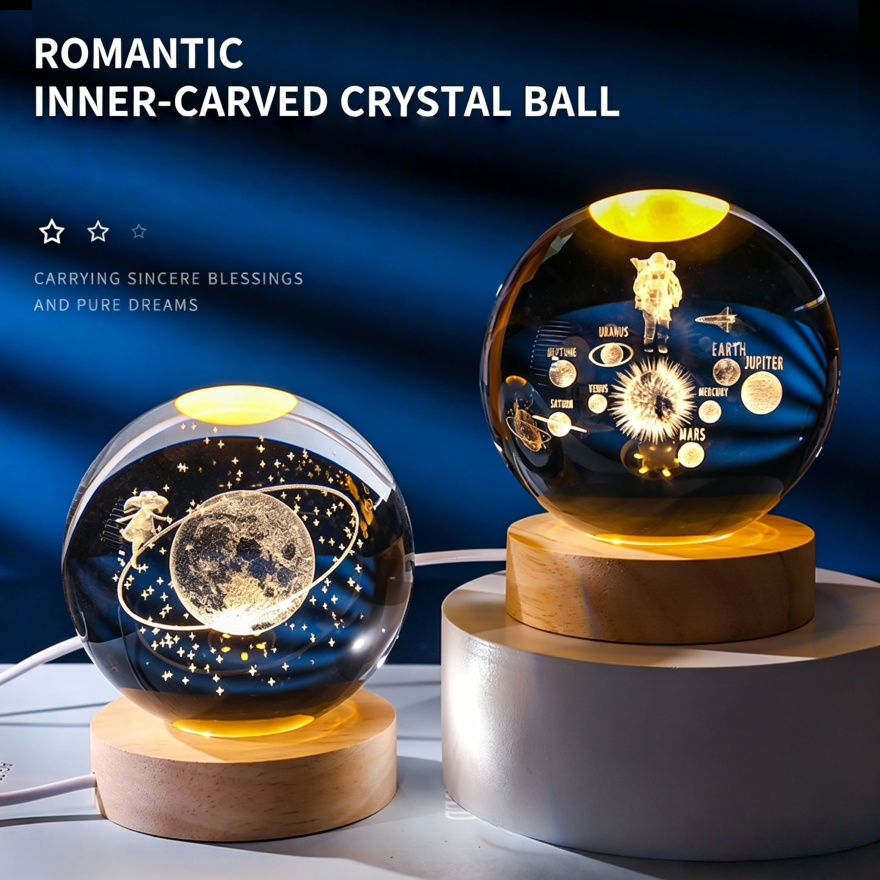 3D Laser Engraved Glowing Crystal Ball Ornament, Multi-Pattern Solid Wood Warm LED Base Night Light Gift