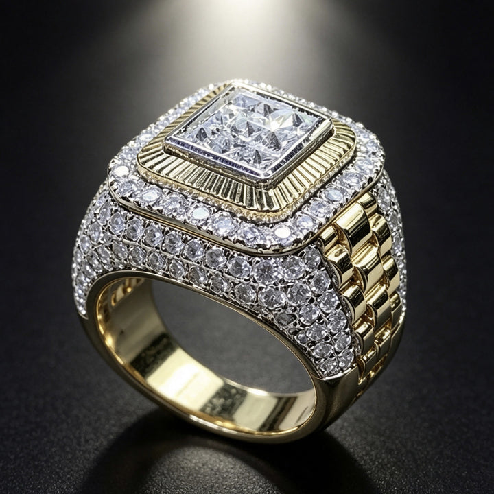 Hip Hop Square Paved Diamond Men Ring, Double Layer Square Watch Band Texture Heavy Titanium Steel Band Gold Silver Male Jewelry