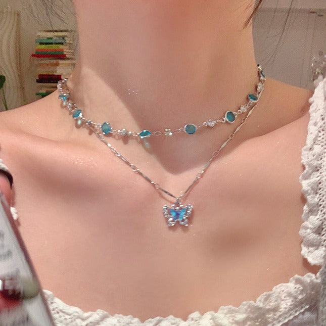 Blue Diamond Butterfly Layered Necklace Set (Luxury Mermaid Choker)