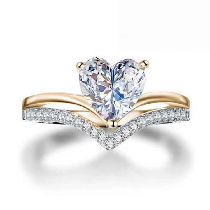 Heart‑Cut Center Stone V‑Shaped Paved Stackable Ring Set, Three‑Color Options
