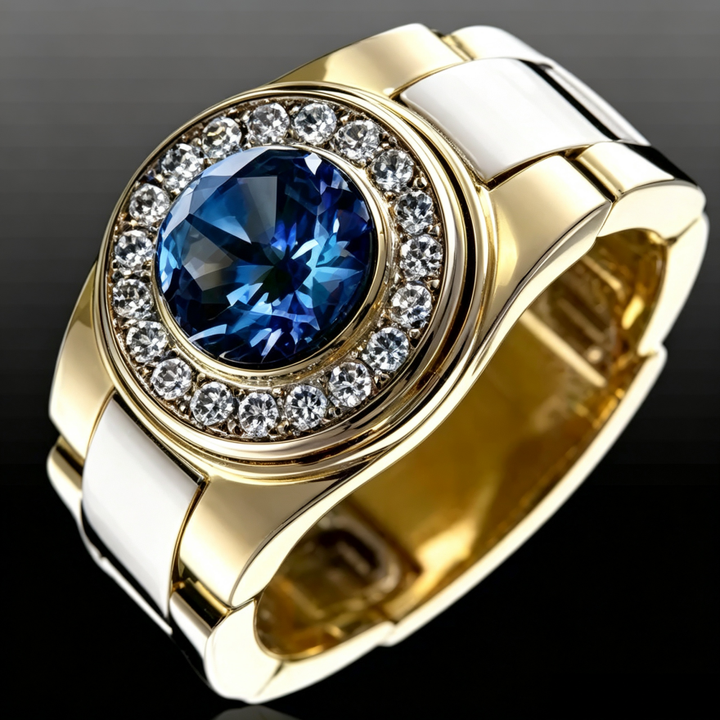 Luxury Watch‑Shaped Wide‑Band Men’s Gemstone Ring, Multiple‑Color Options