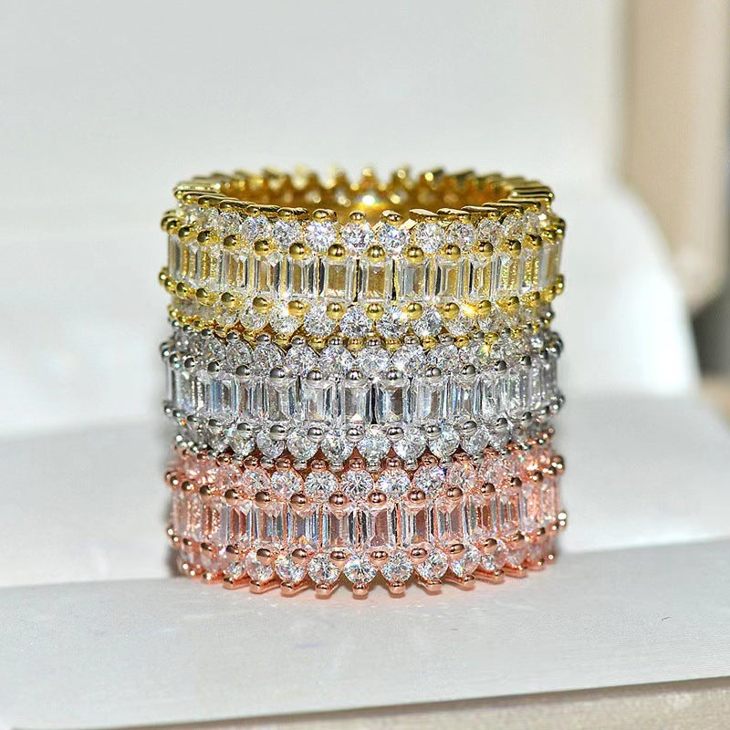 Baguette & Round Stone Full Paved Wide Band Ring, Hip Hop Iced Out Eternity Ring, 3 Colors Available
