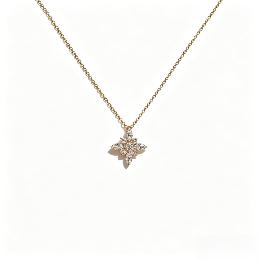 S925 Silver Star‑Flower Choker Necklace, Multi‑Cut Stone Sparkling Snowflake Star Pendant Necklace for Women