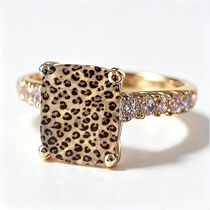 Luxury Glitter Leopard Print Rectangle Stone Pave Band Ring, Solid S925 Silver Gold-Plated Trendy Unique Band for Women