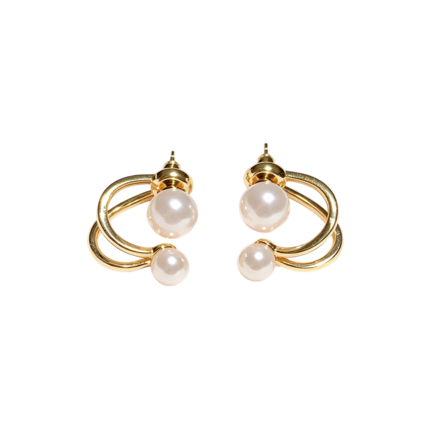 S925 Silver Double Bead Double Hoop Stud Earrings, Minimalist Luxury Geometric Earrings with Big & Small Round Beads, White & Red Bead Two Color Options