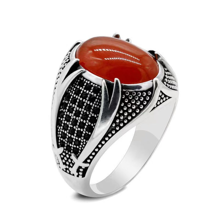 Vintage Antiqued Claw Oval Gem Men’s Wide Ring, Solid S925 Silver 3 Natural Stone Heavy Statement Band