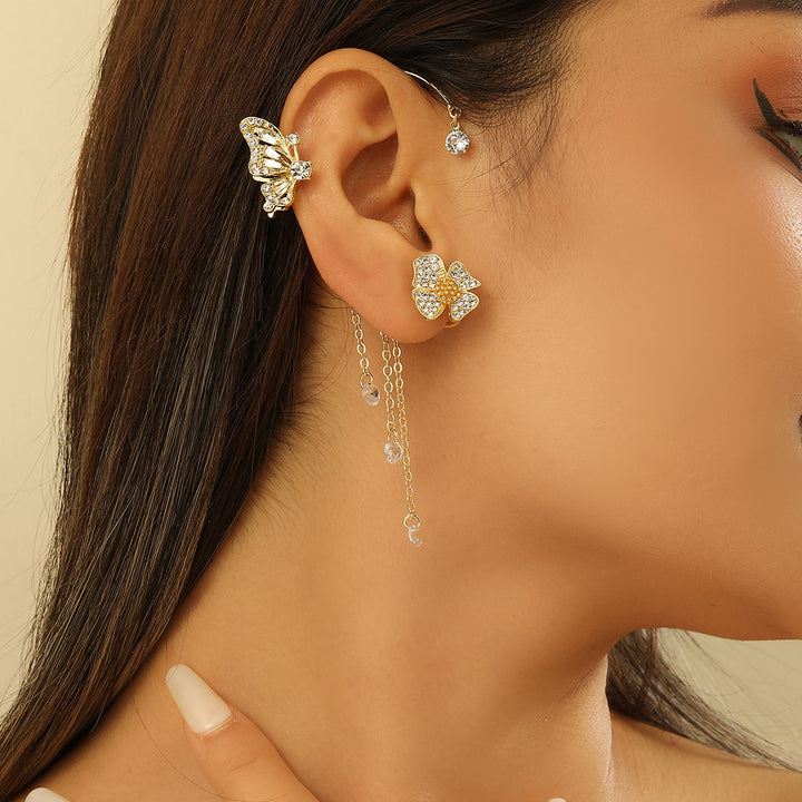 Butterfly Flower Tassel Integrated Ear Cuff, Non-Pierced Paved Diamond Long Ear Wrap Gold & Silver Fairy Dangle Jewelry