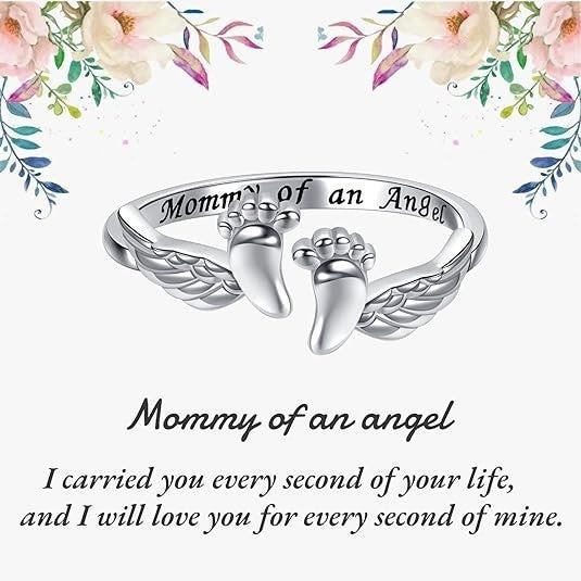 Mommy of an Angel Baby Footprint Wing Open Ring, S925 Silver Remembrance Memorial Band For Women