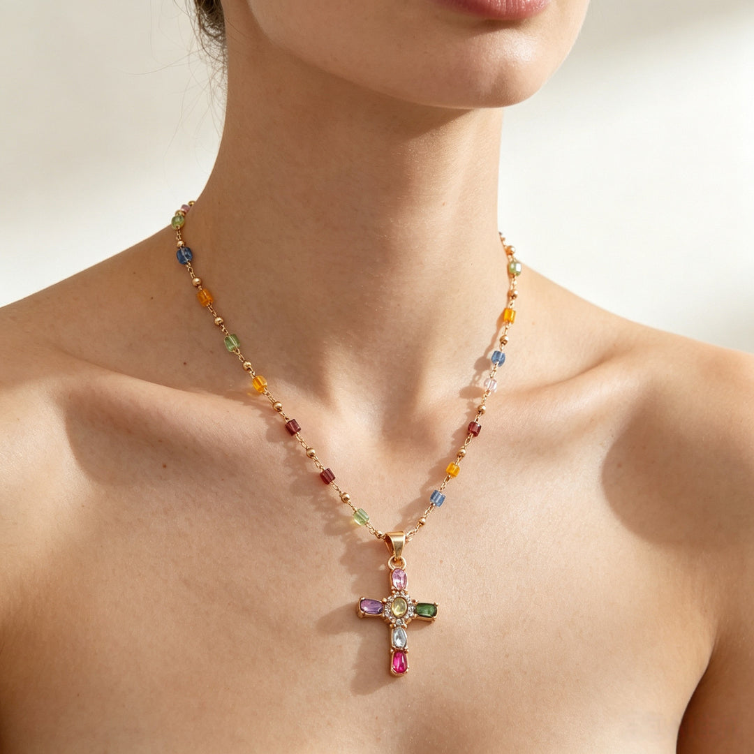 Colorful Gem Cross Pendant Necklace, Two Styles Available