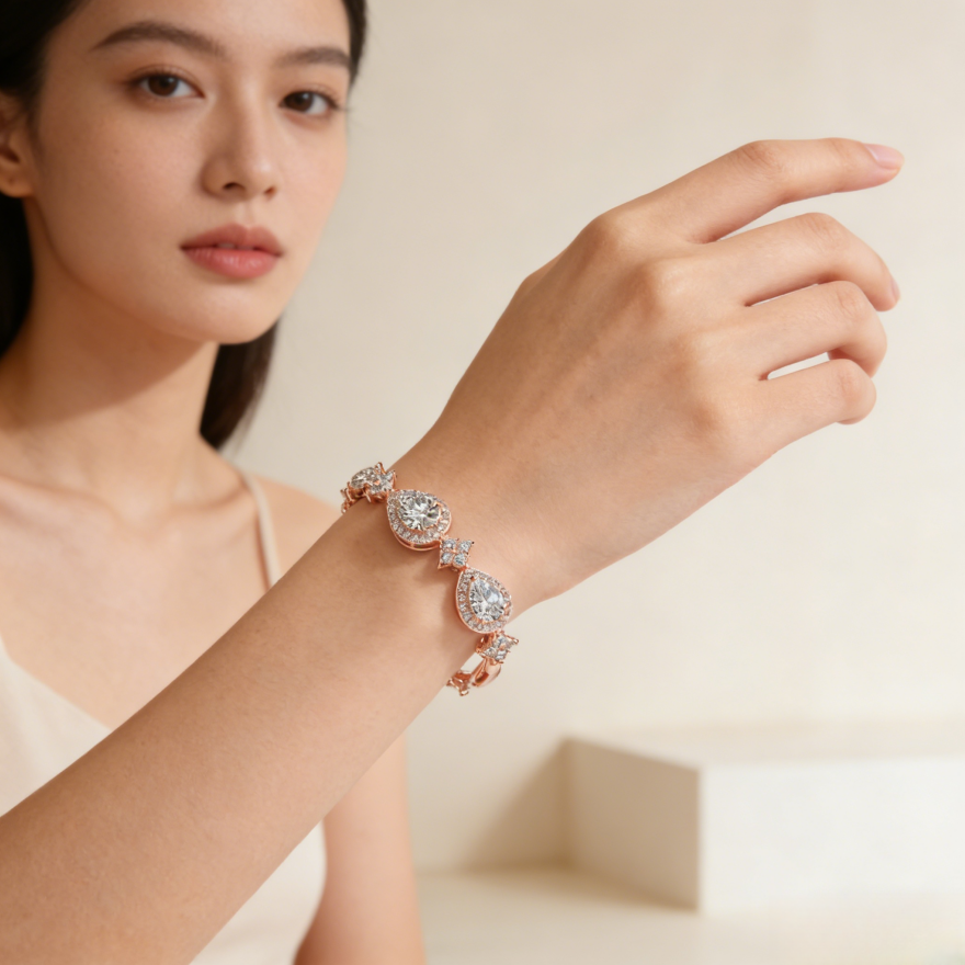 Rose Gold Tone Heart Pavé Diamond Tennis Bracelet (Delicate Luxury Statement Bangle)