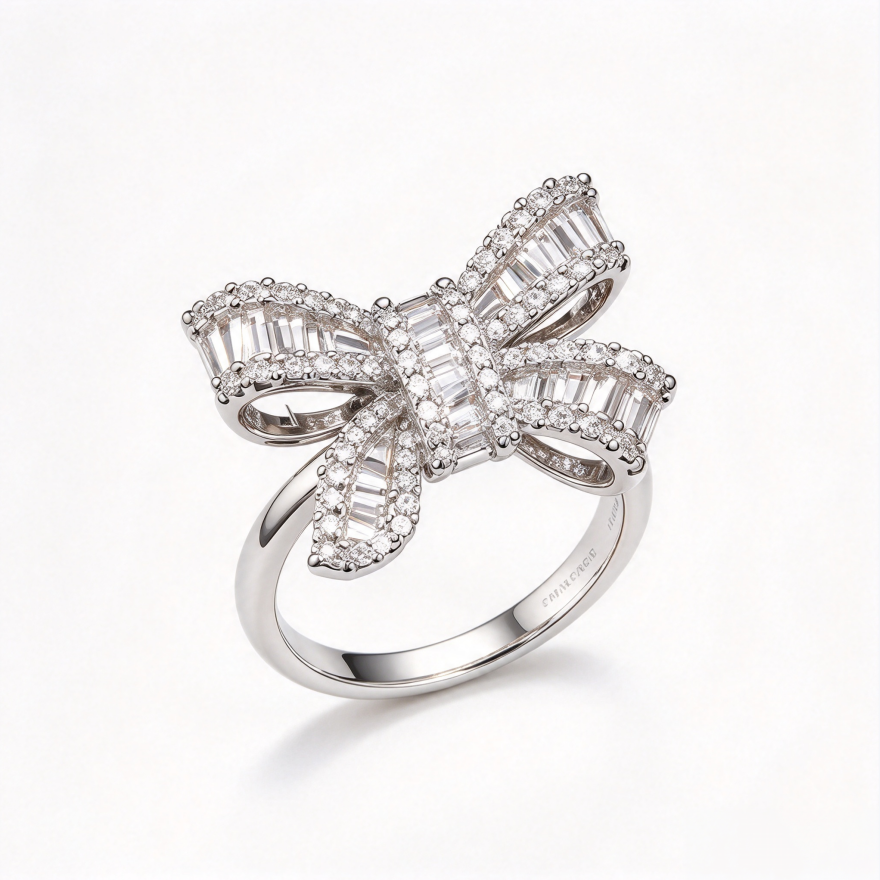 Baguette Full Diamond Bow S925 Silver Ring