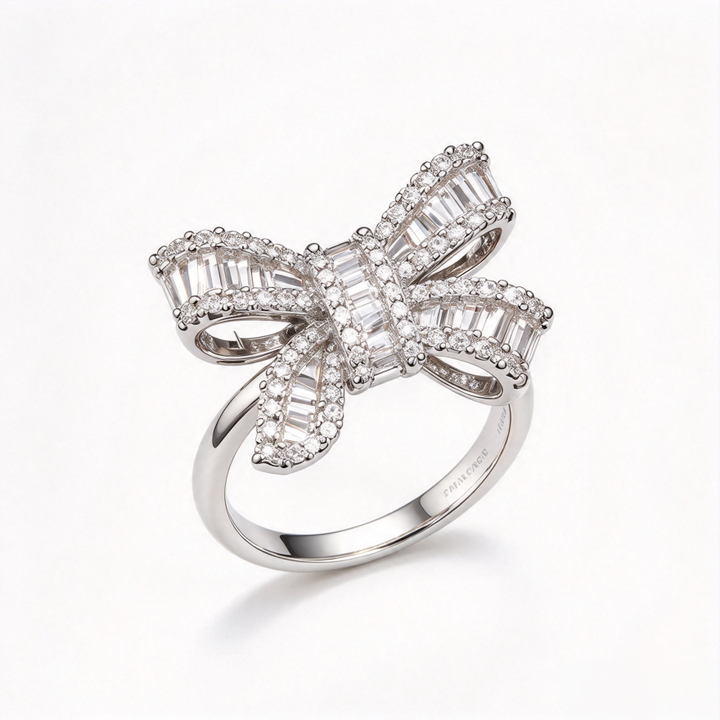 Baguette Full Diamond Bow S925 Silver Ring