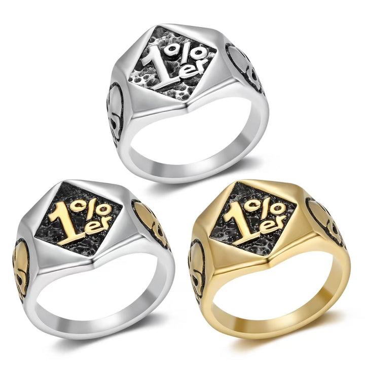 1%er Skull Vintage Biker Signet Ring, S925 Silver 14K Gold Plated Two-Tone Tough Men Wide Band