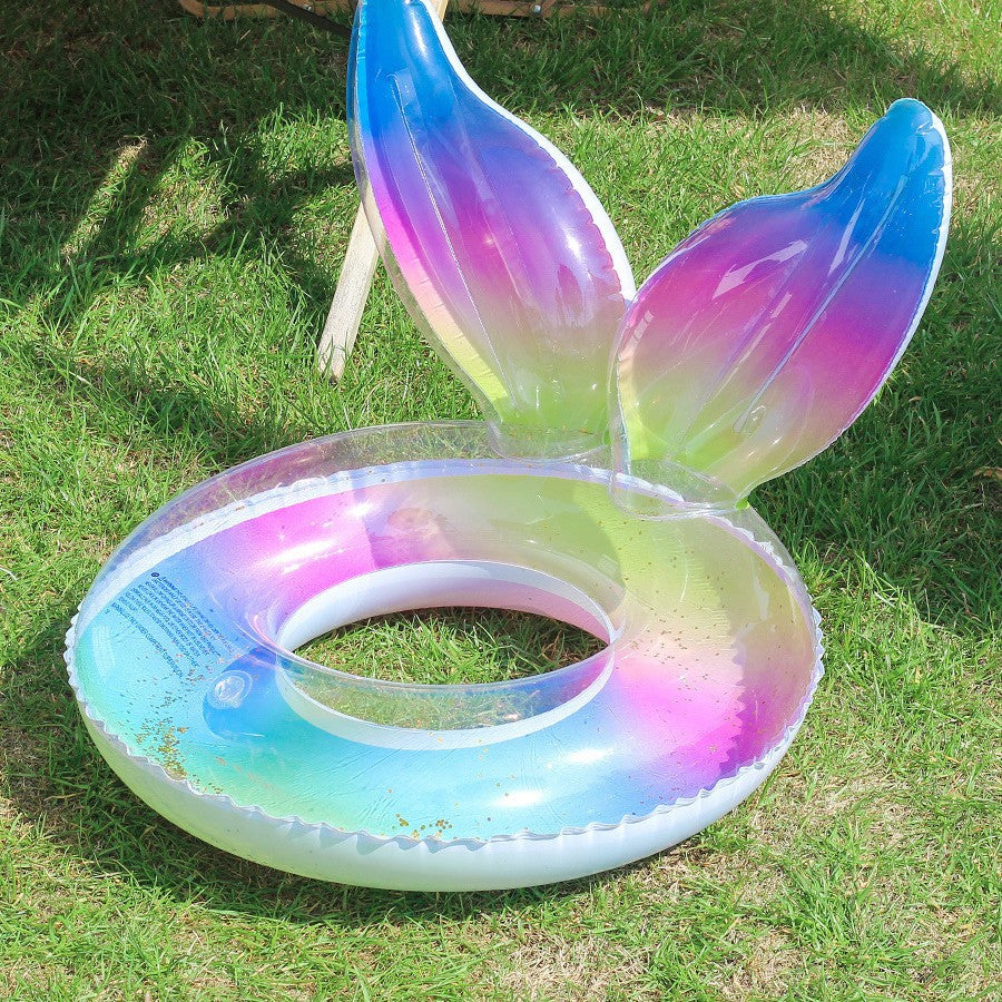 Mermaid Tail Inflatable Swim Ring, Gradient Glitter Fish Scale Print Adult Water Float for Pool Beach Photography