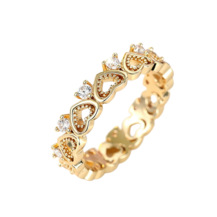 Hollow Heart Paved Diamond Eternity Band Ring, Gold & Silver Dainty Stackable Closed Ring for Women