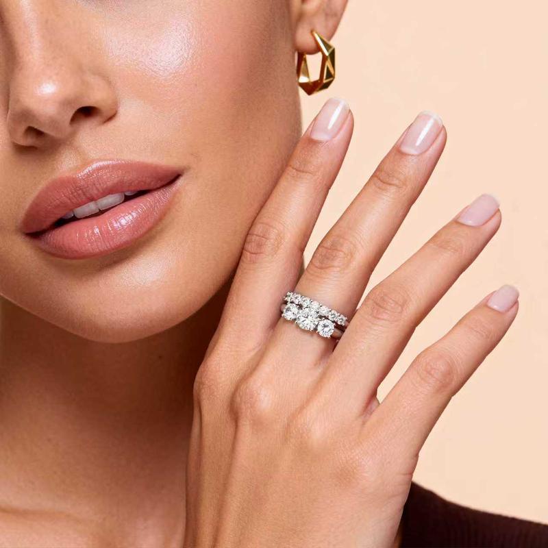 Classic Three Diamond Ring Set, 3-Stone Engagement Ring & Half Eternity Band Gold Silver Stackable Bridal Wedding Rings