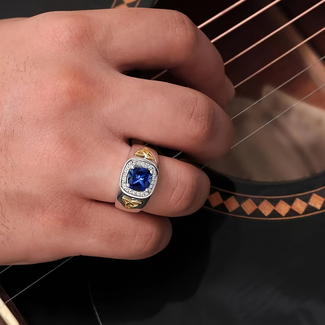 S925 Silver Two‑Tone Celtic Knot Square Gemstone Ring, Vintage Contrast Paved Wide Men Band
