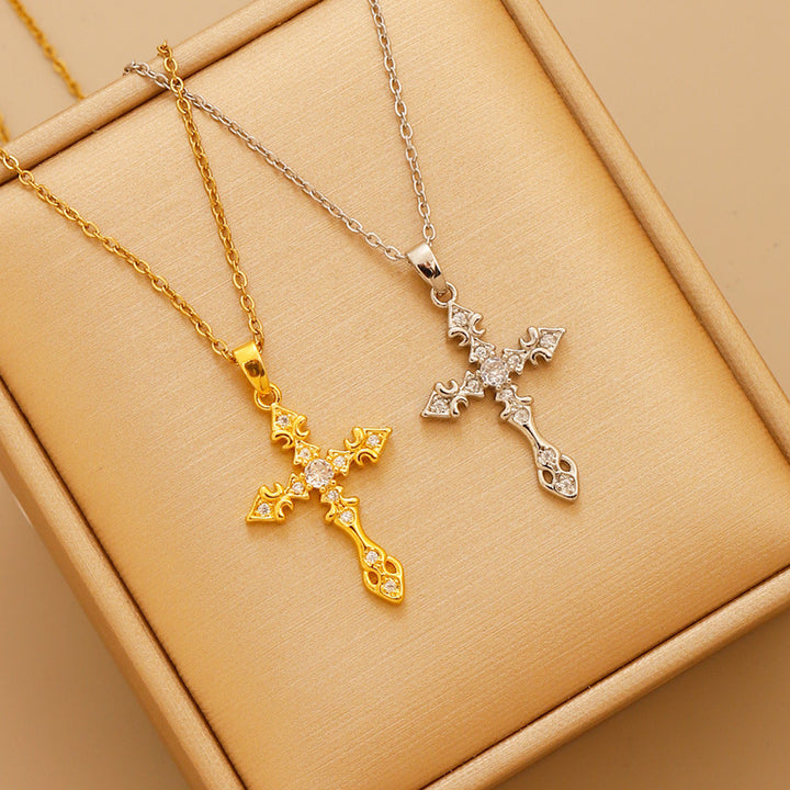 Vintage Engraved Cross Diamond Necklace, S925 Sterling Silver European Pattern Cross Pendant, Gold & Silver Two-Tone Niche Clavicle Chain