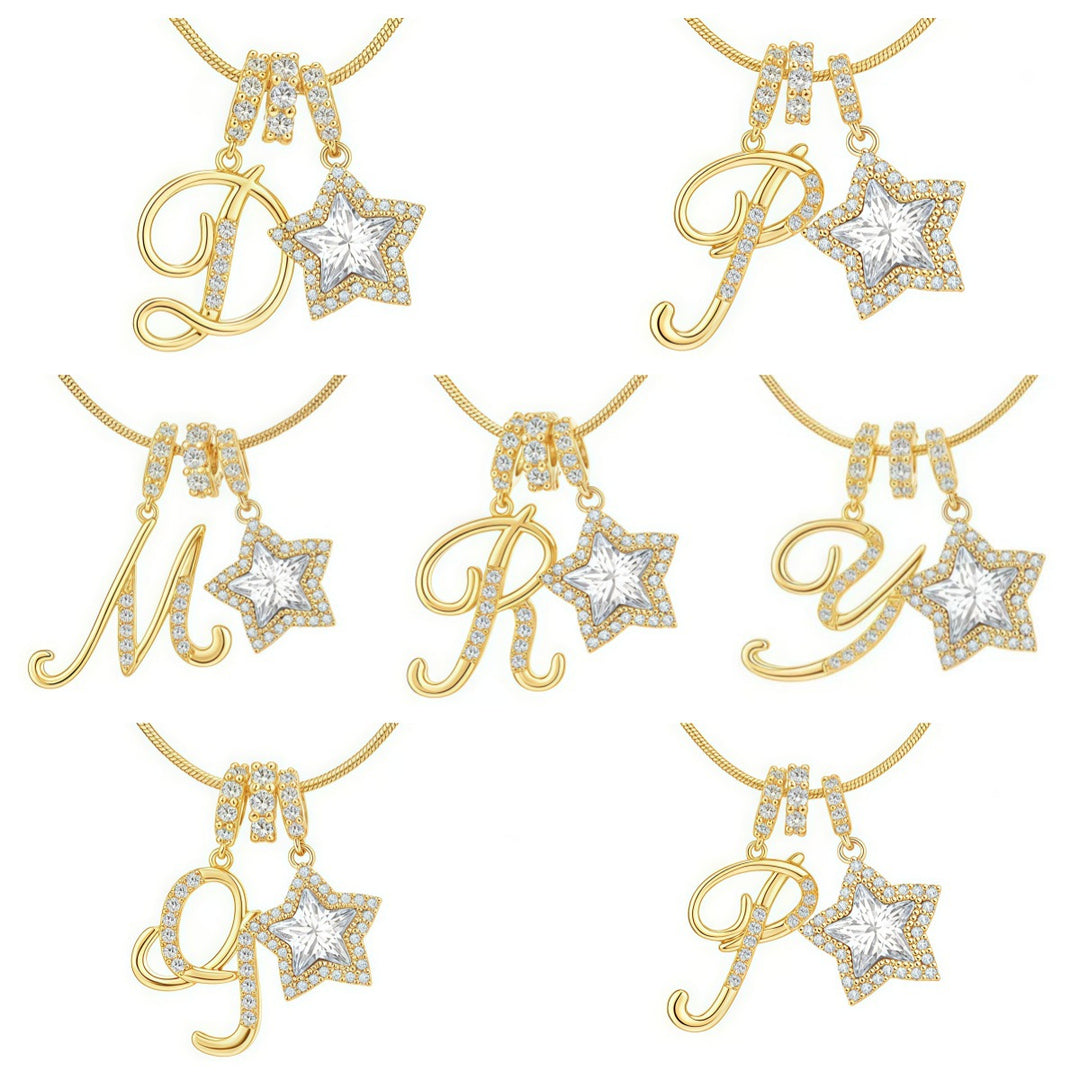 Script Initial Pave Star Dual Charm Snake Chain Necklace, Gold & Silver Custom Letter Choker