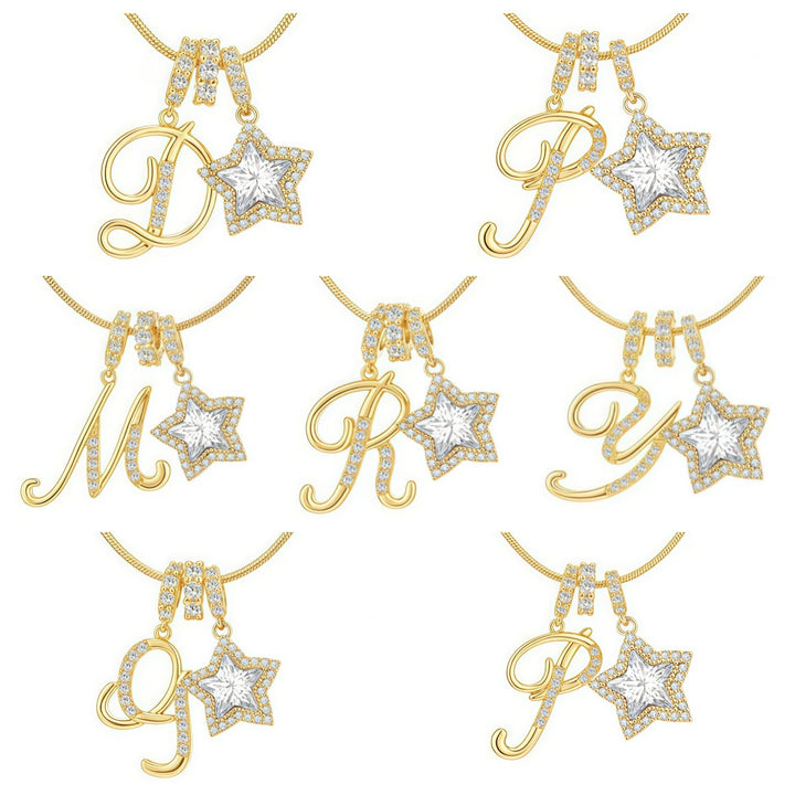 Script Initial Pave Star Dual Charm Snake Chain Necklace, Gold & Silver Custom Letter Choker