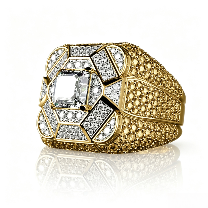 Geometric Mosaic Pave Diamond Square Center Stone Men’s Gold Ring, Solid S925 Silver Gold-Plated Heavy Wide Statement Band for Men
