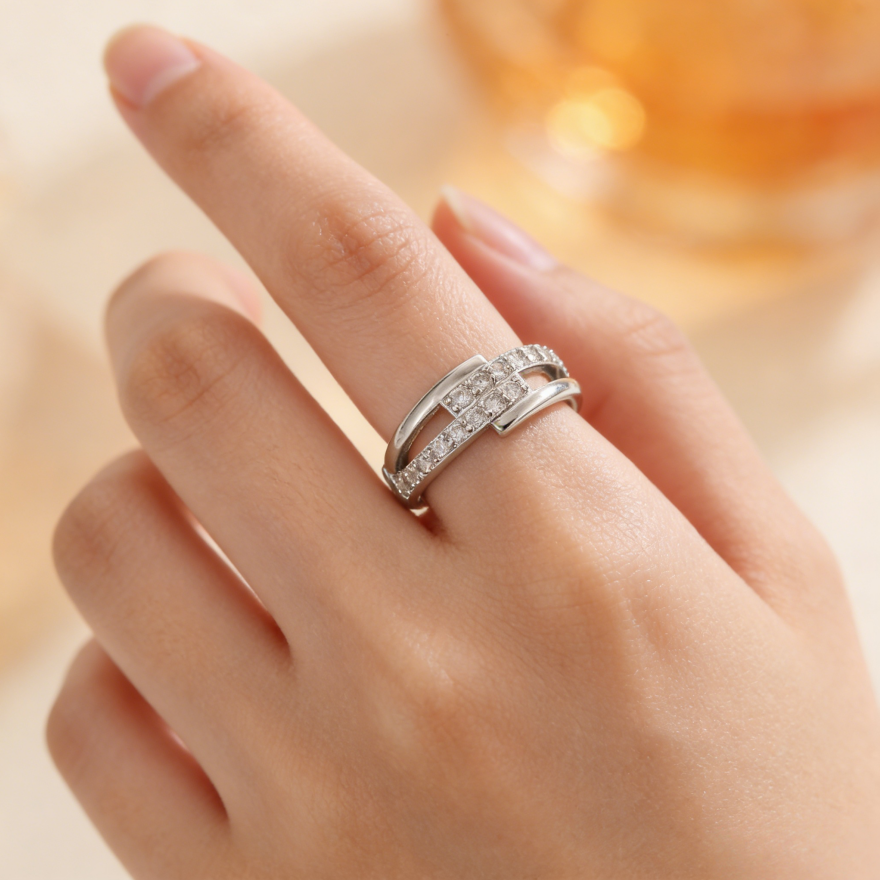Double Layer Pave Cross Open Ring (2 Colors Delicate Adjustable Band)