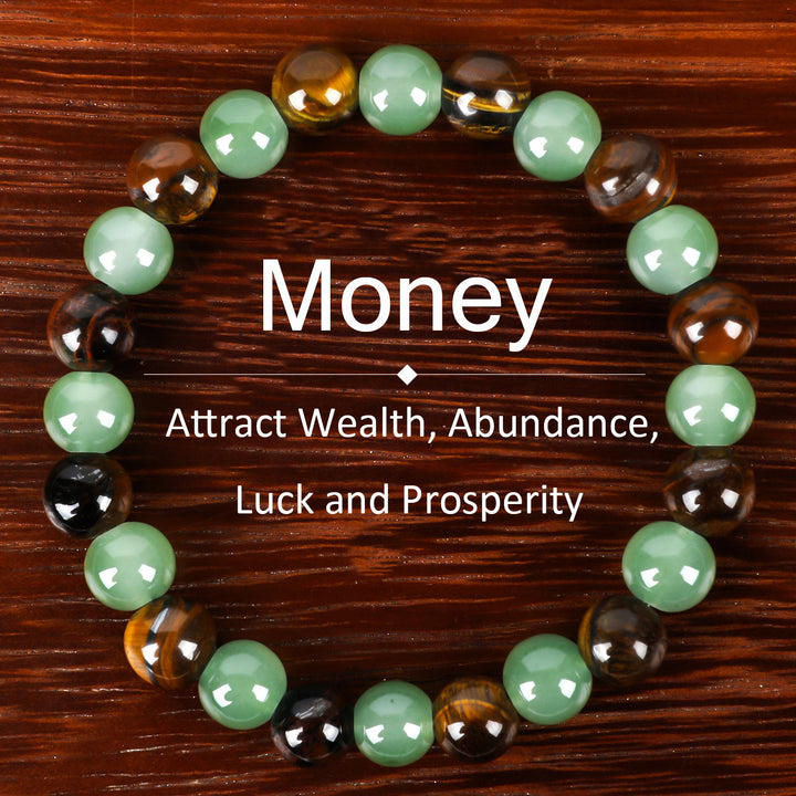 Tiger Eye & Green Aventurine Mixed Round Bead Stretch Bracelet, Unisex Natural Stone Wristband