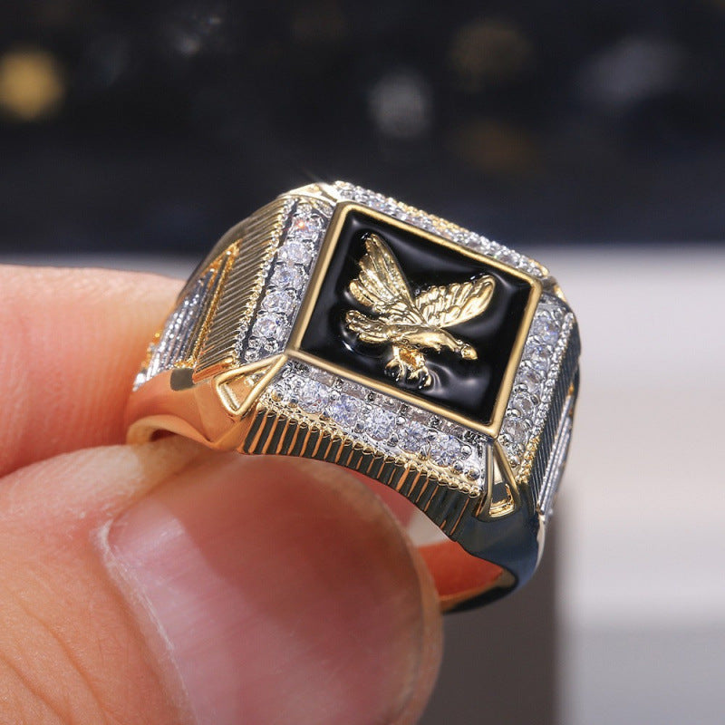 Black Enamel Eagle Embossed Square Men Signet Ring, Luxury Paved Diamond Wide Vintage Business Statement Band