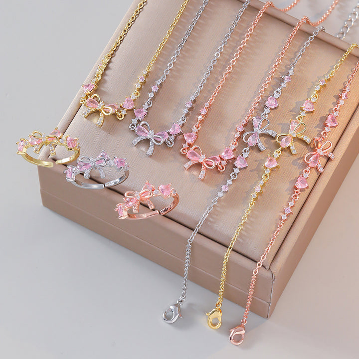Pink Diamond Bow Jewelry Set (Necklace, Bracelet, Ring Sweet Girl Accessories)