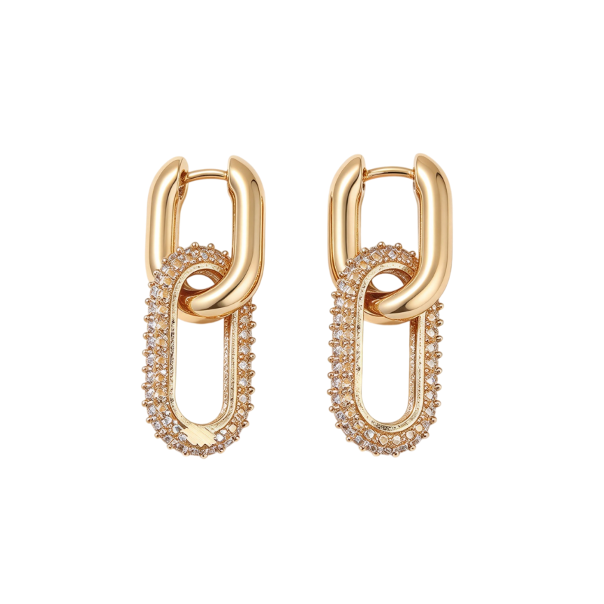 Double Link Paved Diamond Chain Huggie Earrings, Luxury Geometric Long Hollow Earrings, Gold & Silver Two Tones Available