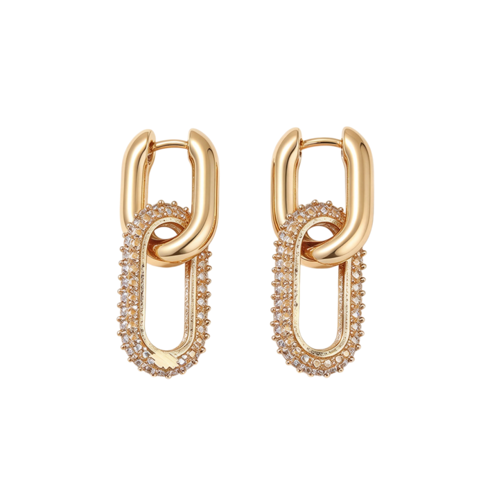 Double Link Paved Diamond Chain Huggie Earrings, Luxury Geometric Long Hollow Earrings, Gold & Silver Two Tones Available