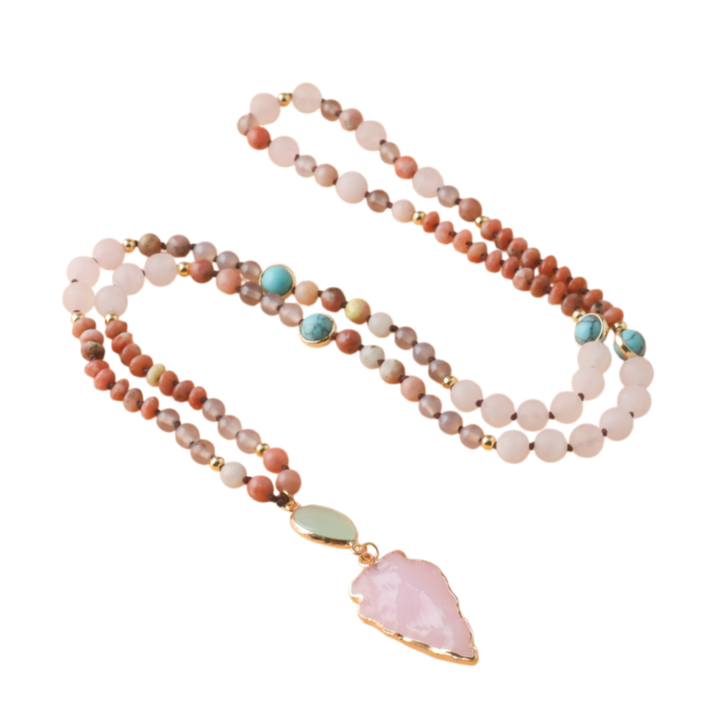 Gentle Style Pink Crystal Leaf Multi-Stone Long Beaded Necklace, Natural Frosted Jade Turquoise Vintage Versatile Sweater Chain