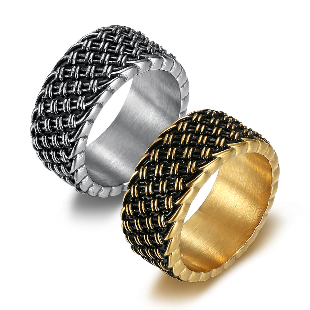 Vintage 3D Woven Texture Wide Band Ring, S925 Silver Silver & Gold Two-Tone Unisex Ring