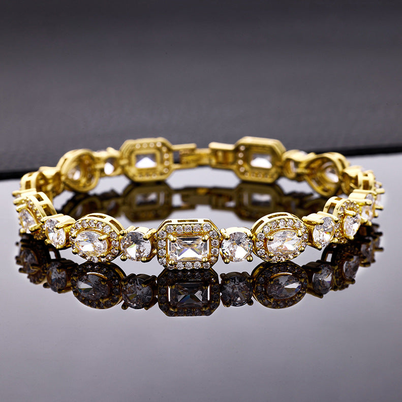 Square & Oval Halo Diamond Tennis Bracelet, Luxury European Full Diamond Gold-Plated Elegant Bracelet for Women