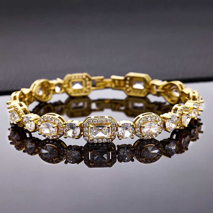 Square & Oval Halo Diamond Tennis Bracelet, Luxury European Full Diamond Gold-Plated Elegant Bracelet for Women