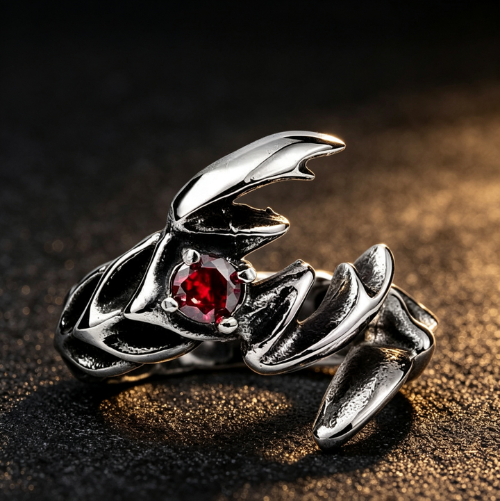 Dark‑Style Scorpion Ring With Red Gemstone, Open‑Band