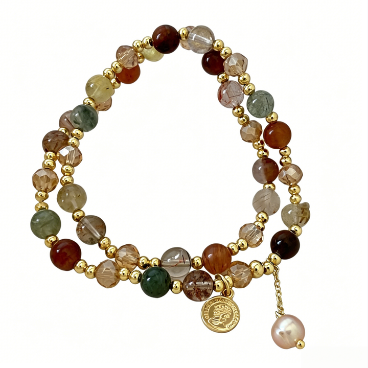 Vintage Mixed Rutilated Quartz Double Beaded Bracelet with Coin Charm