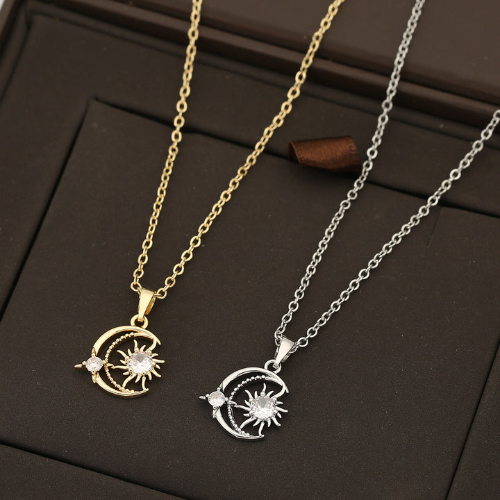 Sun‑Moon Star Diamond Pendant Necklace, Gold & Silver Two‑Color Options