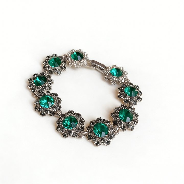 Vintage Emerald Pavé Sunflower Bracelet (Luxury Silver Tone Statement Bangle)