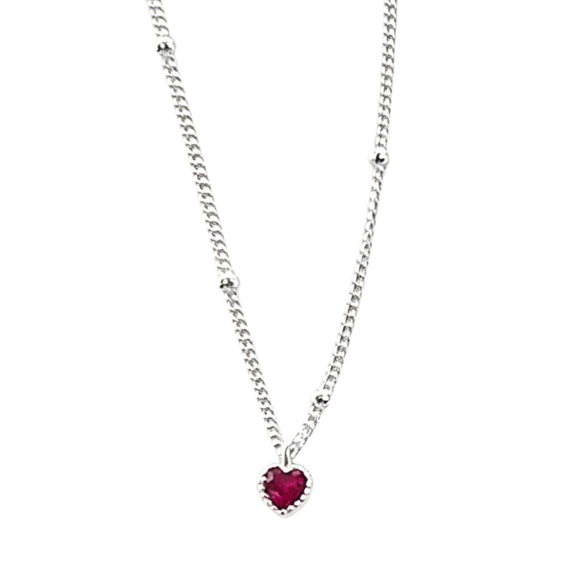 Vintage Distressed Red Heart Bezel Necklace, Silver Thin Curb Chain Sweet Cool Clavicle Chain