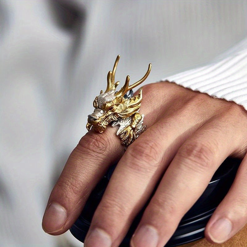 Two-Tone 3D Divine Beast Cloud Open Ring, S925 Silver Gold Plated Vintage Adjustable Wide Band For Men