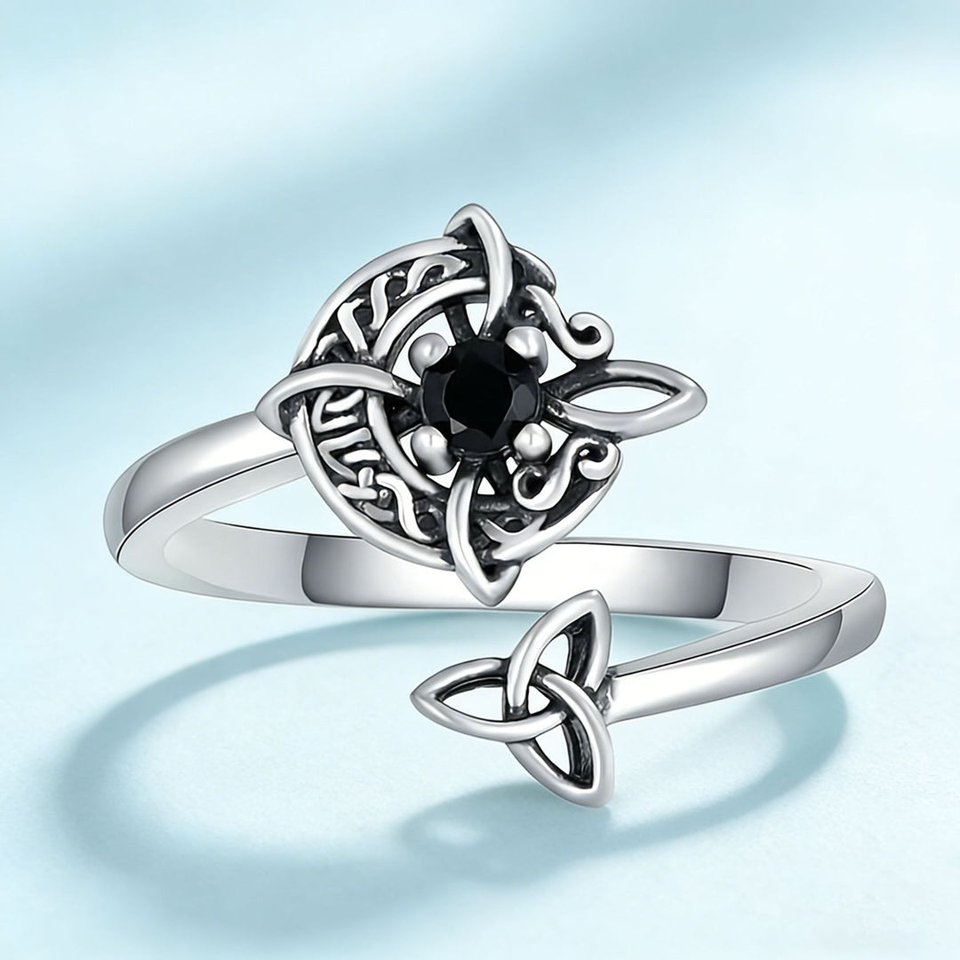 Celtic Knot Black Diamond Open Ring (Vintage Silver Tone Statement Band)