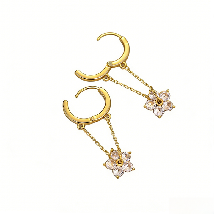 Diamond Flower Drop Huggie Hoop Earrings (2 Colors Delicate Dangle Earrings)