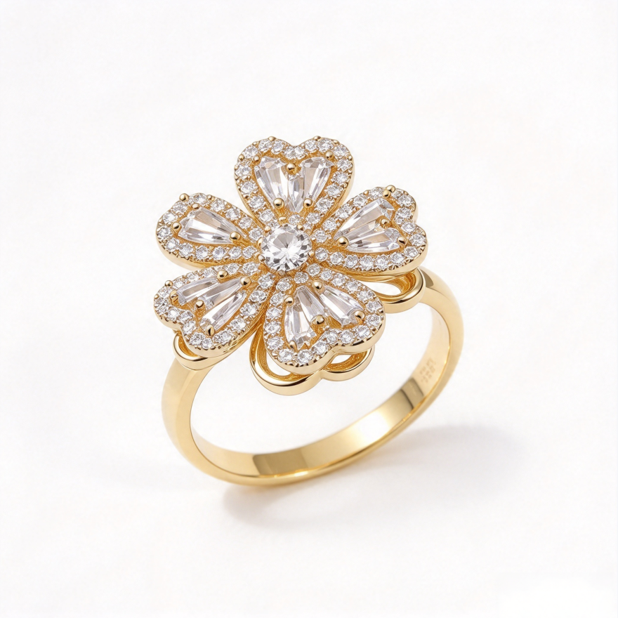 Gold Five-Petal Flower S925 Silver Ring, Luxury Full Diamond 3D Floral Ring, Elegant Inlaid Diamond Adjustable Ring for Banquet