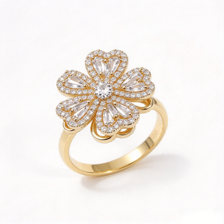 Gold Five-Petal Flower S925 Silver Ring, Luxury Full Diamond 3D Floral Ring, Elegant Inlaid Diamond Adjustable Ring for Banquet