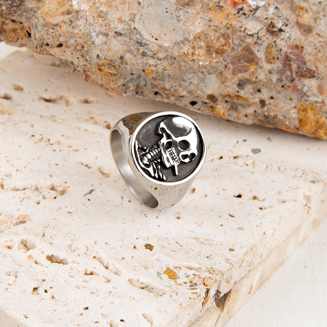 Vintage Embossed Skull & Dagger Round Signet Ring, S925 Silver Antiqued Dark Punk Wide Band For Men