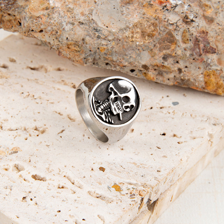 Vintage Embossed Skull & Dagger Round Signet Ring, S925 Silver Antiqued Dark Punk Wide Band For Men