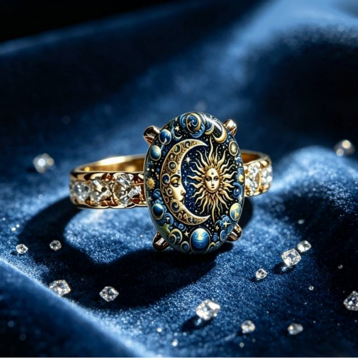 Vintage Sun‑Moon Star Enamel Oval Ring