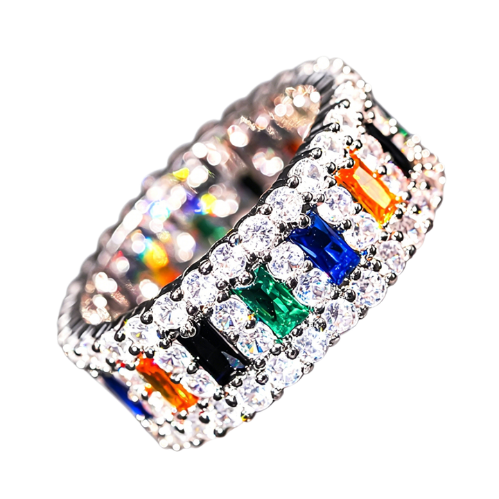 Rainbow Double-Row Pavé Diamond Ring (Hip-Hop Luxury Men's Band)
